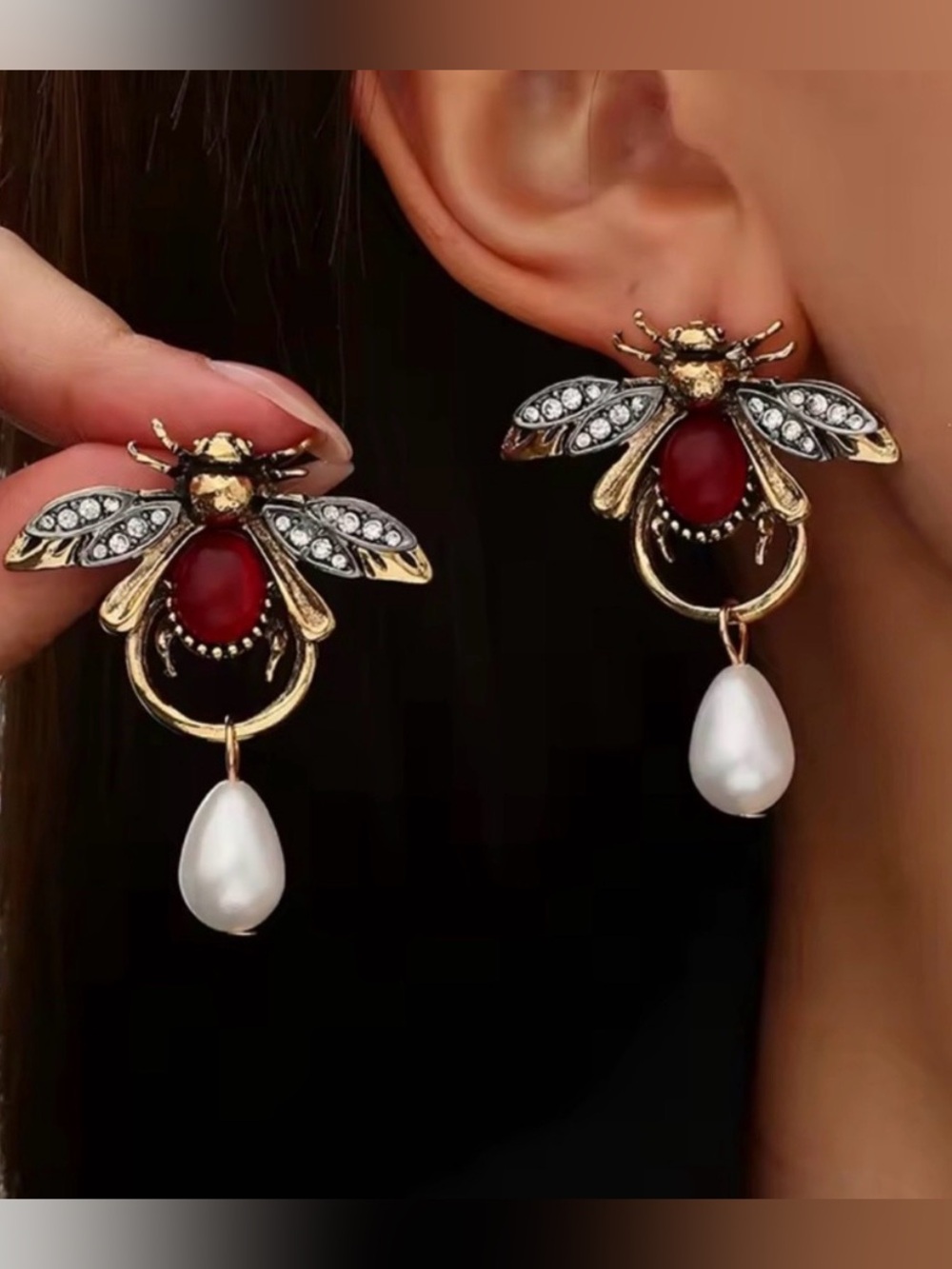 Bee Drop Earrings with Red and Pearl Accents